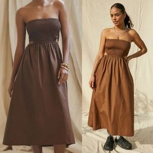 NWT Faithfull the Brand Deva Midi Dress Smocked Bodice Brown Large